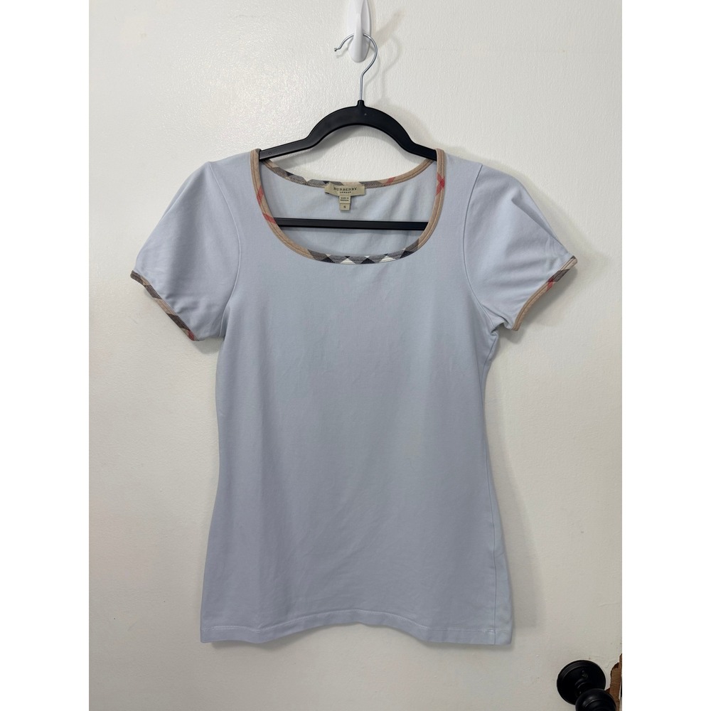 VTG Burberry London Baby Blue Nova Check Trim Scoop Neck Baby Tee Shirt Small